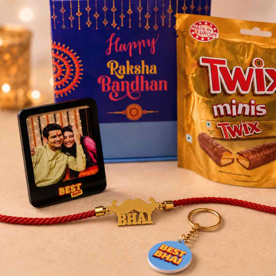 Perfect Gifts of Raksha Bandhan for Brother – Rakhi Gift Set with Photo Magnet, Keychain & Chocolates