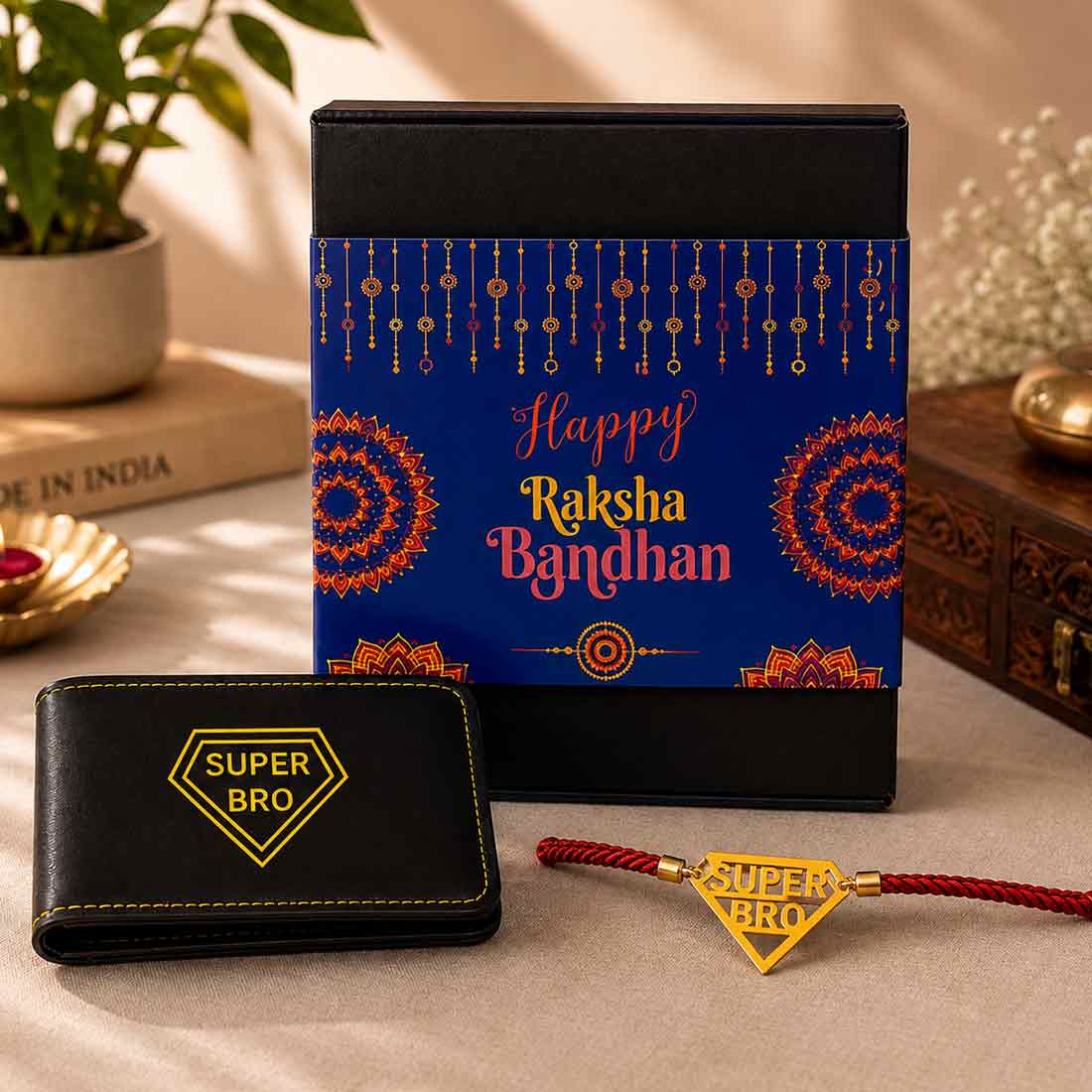 Raksha Bandhan Gift Set for Brother – Super Bro Acrylic Rakhi with Premium Combo, Faux Leather Wallet, Sunglass Holder