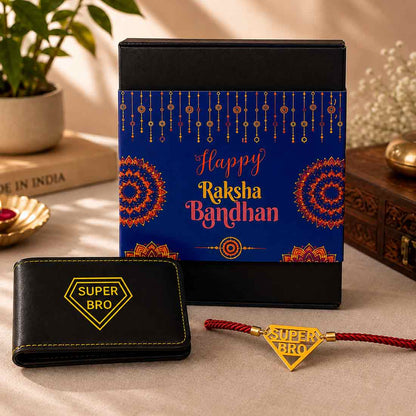 Raksha Bandhan Gift Set for Brother – Super Bro Acrylic Rakhi with Premium Combo, Faux Leather Wallet, Sunglass Holder