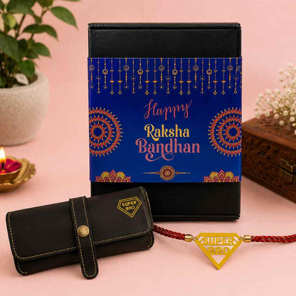 Raksha Bandhan Gift Set for Brother – Super Bro Acrylic Rakhi with Premium Combo, Faux Leather Wallet, Sunglass Holder
