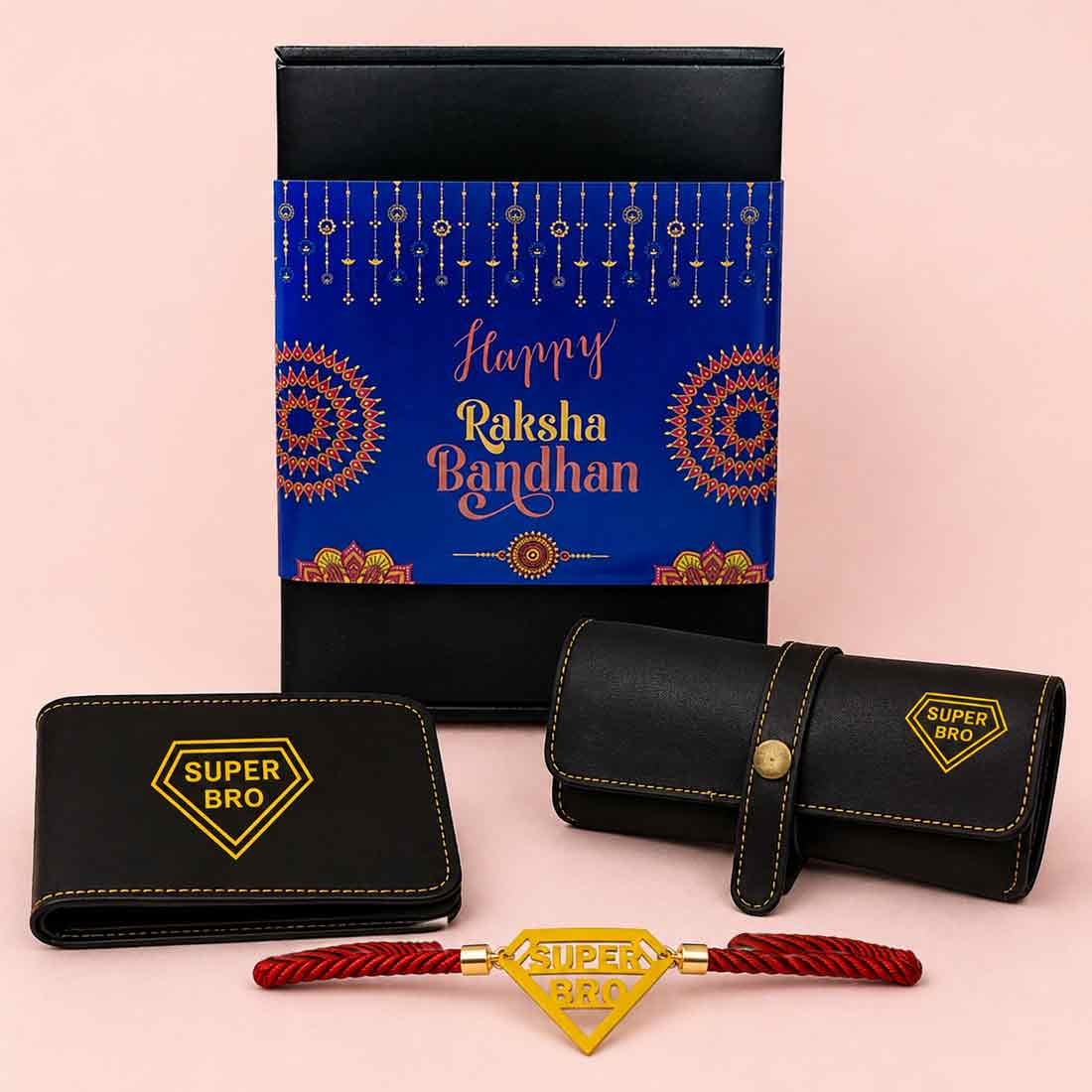Raksha Bandhan Gift Set for Brother – Super Bro Acrylic Rakhi with Premium Combo, Faux Leather Wallet, Sunglass Holder