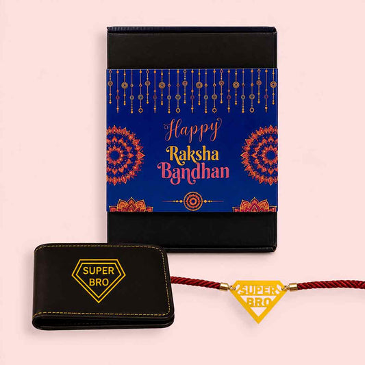 Raksha Bandhan Gift Set for Brother – Super Bro Acrylic Rakhi with Premium Combo, Faux Leather Wallet, Sunglass Holder