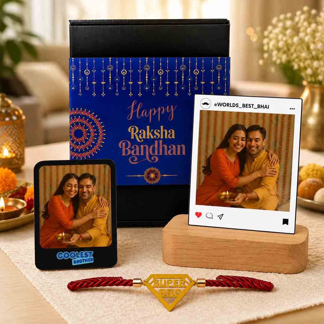 Personalized Raksha Bandhan Gift Set for Brother – LED Photo Table Lamp, Fridge Magnet & Super Bro Acrylic Rakhi