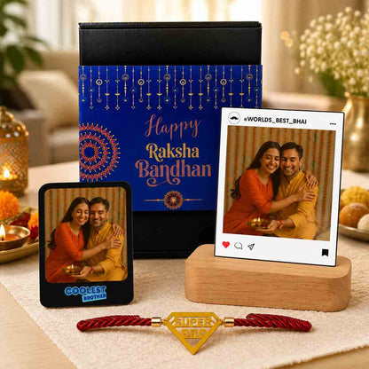 Personalized Raksha Bandhan Gift Set for Brother – LED Photo Table Lamp, Fridge Magnet & Super Bro Acrylic Rakhi