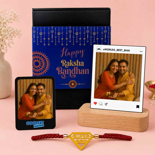 Personalized Raksha Bandhan Gift Set for Brother – LED Photo Table Lamp, Fridge Magnet & Super Bro Acrylic Rakhi