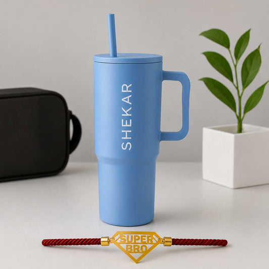 Customized Raksha Bandhan Gift Set for Brother – 1200ml Coffee Tumbler & Custom Acrylic Name Rakhi