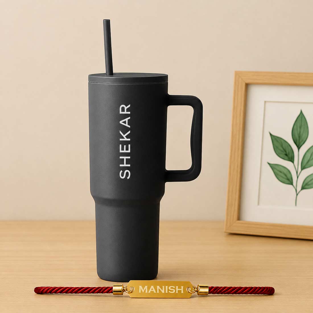 Customized Raksha Bandhan Gift Set for Brother – 1200ml Coffee Tumbler & Custom Acrylic Name Rakhi