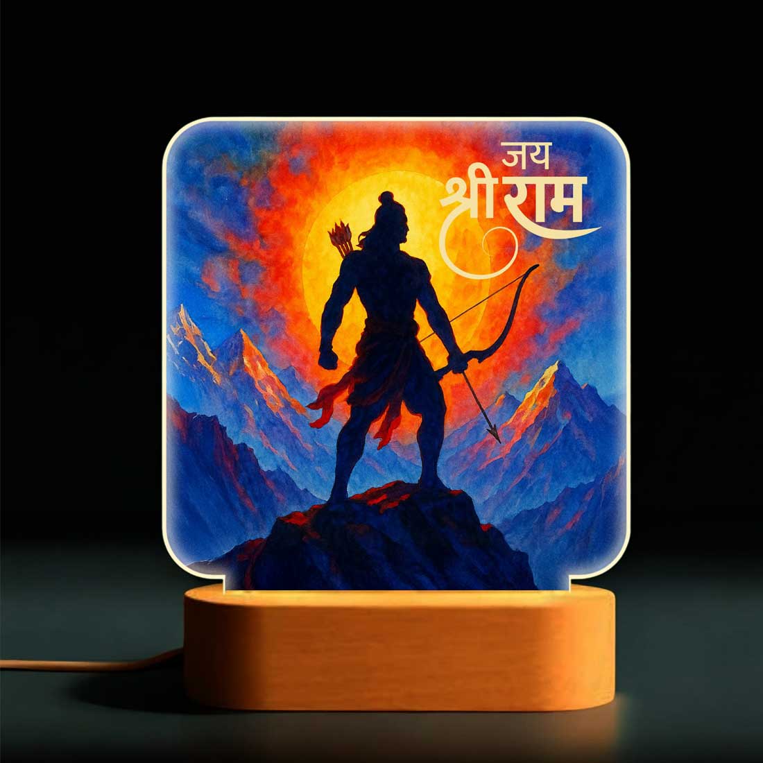 Lord Ram Night Light with Wooden Base – Warm White LED Lamp for Puja Room, Temple Lighting