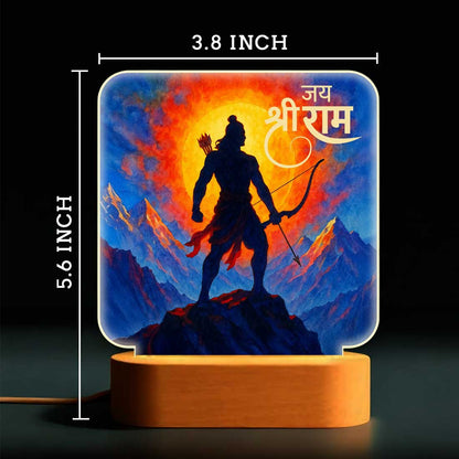 Lord Ram Night Light with Wooden Base – Warm White LED Lamp for Puja Room, Temple Lighting
