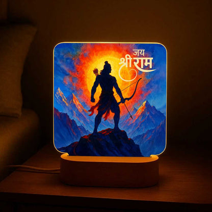 Lord Ram Night Light with Wooden Base – Warm White LED Lamp for Puja Room, Temple Lighting