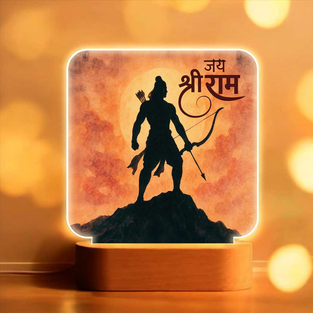 Ram Ji Temple Night Lamp – Premium Wooden Base Night Light, Spiritual Décor for Poja Mandir