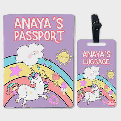 Personalised Passport Cover Baggage Tag Set - Unicorn and Rainbow