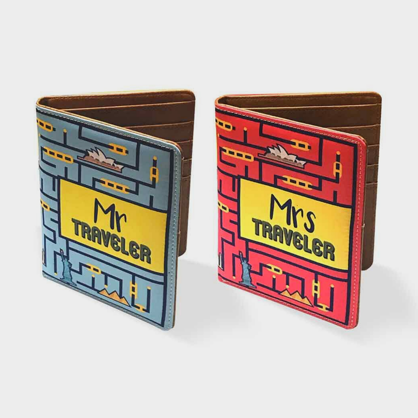 Passport Cover for Couple Leather Travel Wallet Case- Mr Mrs Traveller