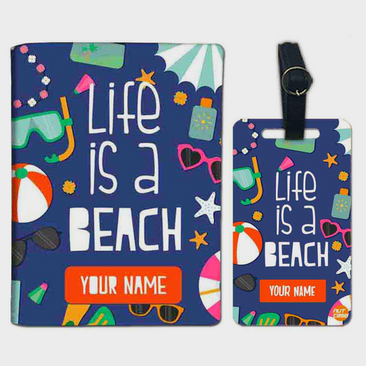 Customized Passport Cover Luggage Tag Set - Life is A Beach Blue