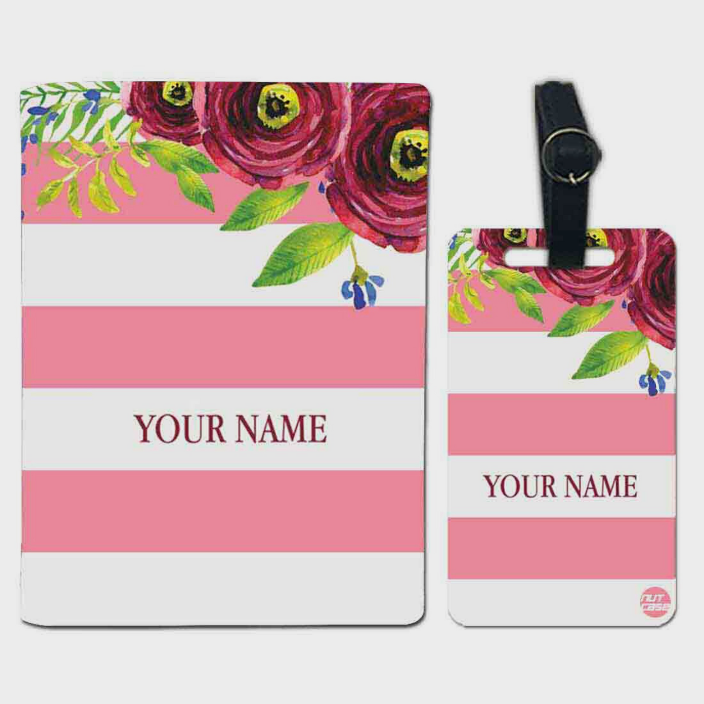 Personalised Passport Cover Suitcase Tag Set - Flower with Pink Strips