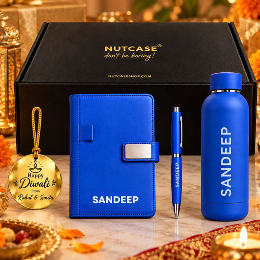 Personalised Corporate Diwali Gift Set – 500ml Stainless Steel Bottle, 2026 Diary, Pen & Golden Diwali Tag