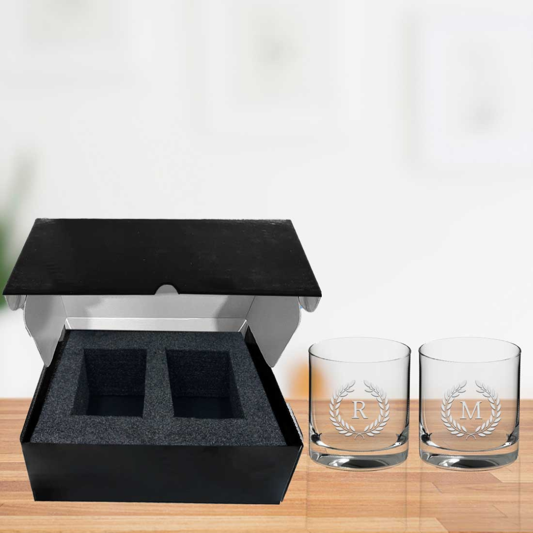 Custom Whiskey Glass Set with Monogram in a Black Gift Box