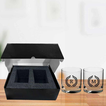 Custom Whiskey Glass Set with Monogram in a Black Gift Box