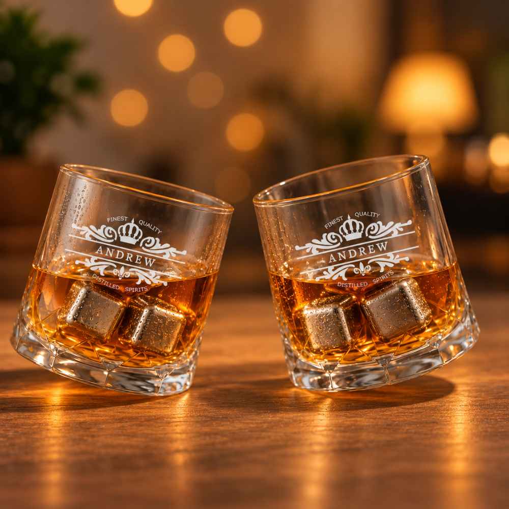 Personalised Diamond Cut Whisky Glasses with Stainless Steel Ice cubes | Fancy Whiskey Glass Gift Set | 2 Glasses 4 Metal Ice Cubes