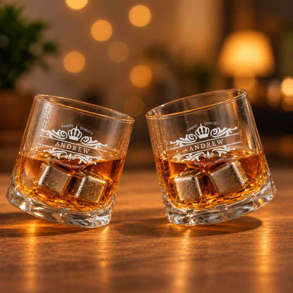 Personalised Diamond Cut Whisky Glasses with Stainless Steel Ice cubes | Fancy Whiskey Glass Gift Set | 2 Glasses 4 Metal Ice Cubes
