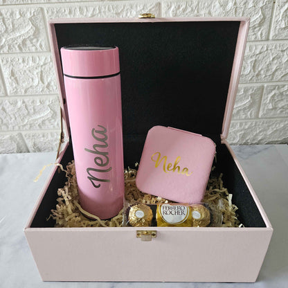 Pink Gift Box for Her with Pink Temperature Tea Coffee Flask Bottle, Jewellery Box & Chocolates