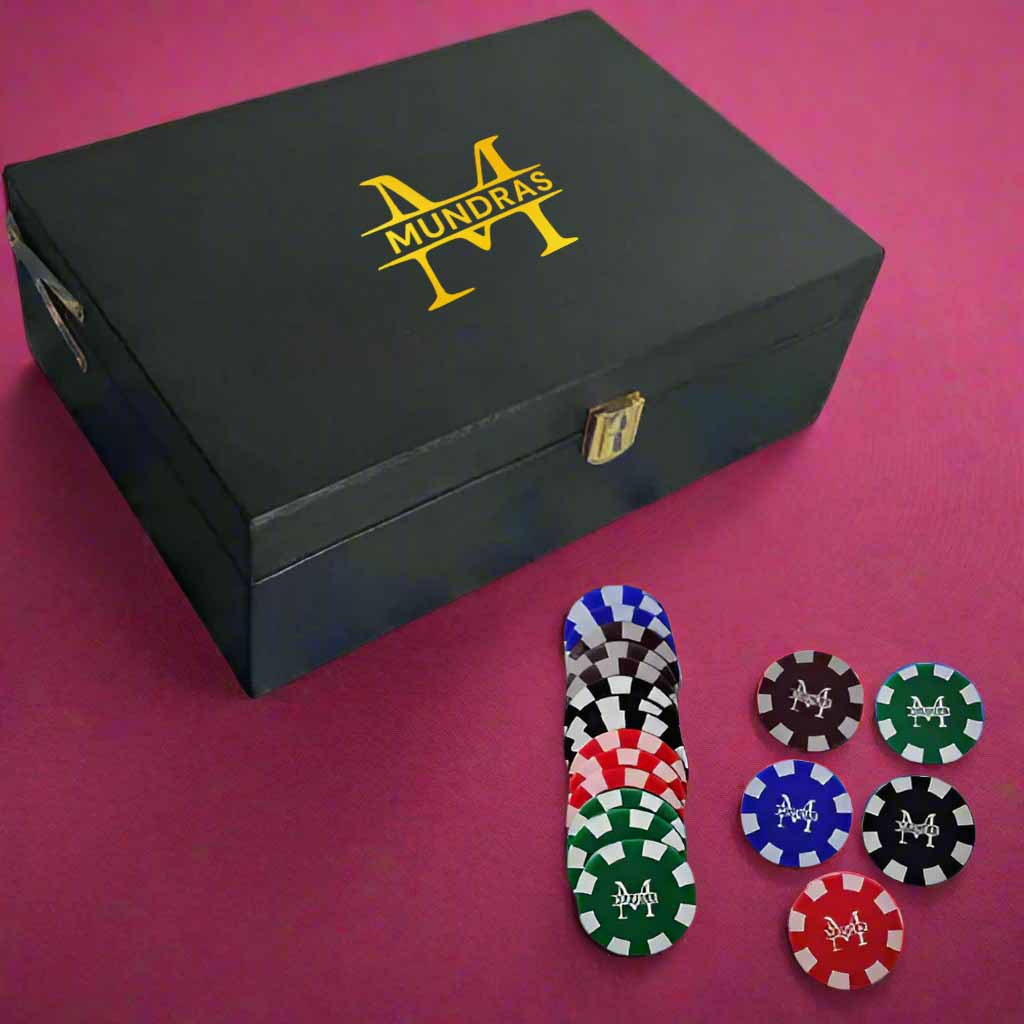 Custom Poker Chips Set in 5 colors Black, Brown, Blue, Green and Red in the set of 100/200/300