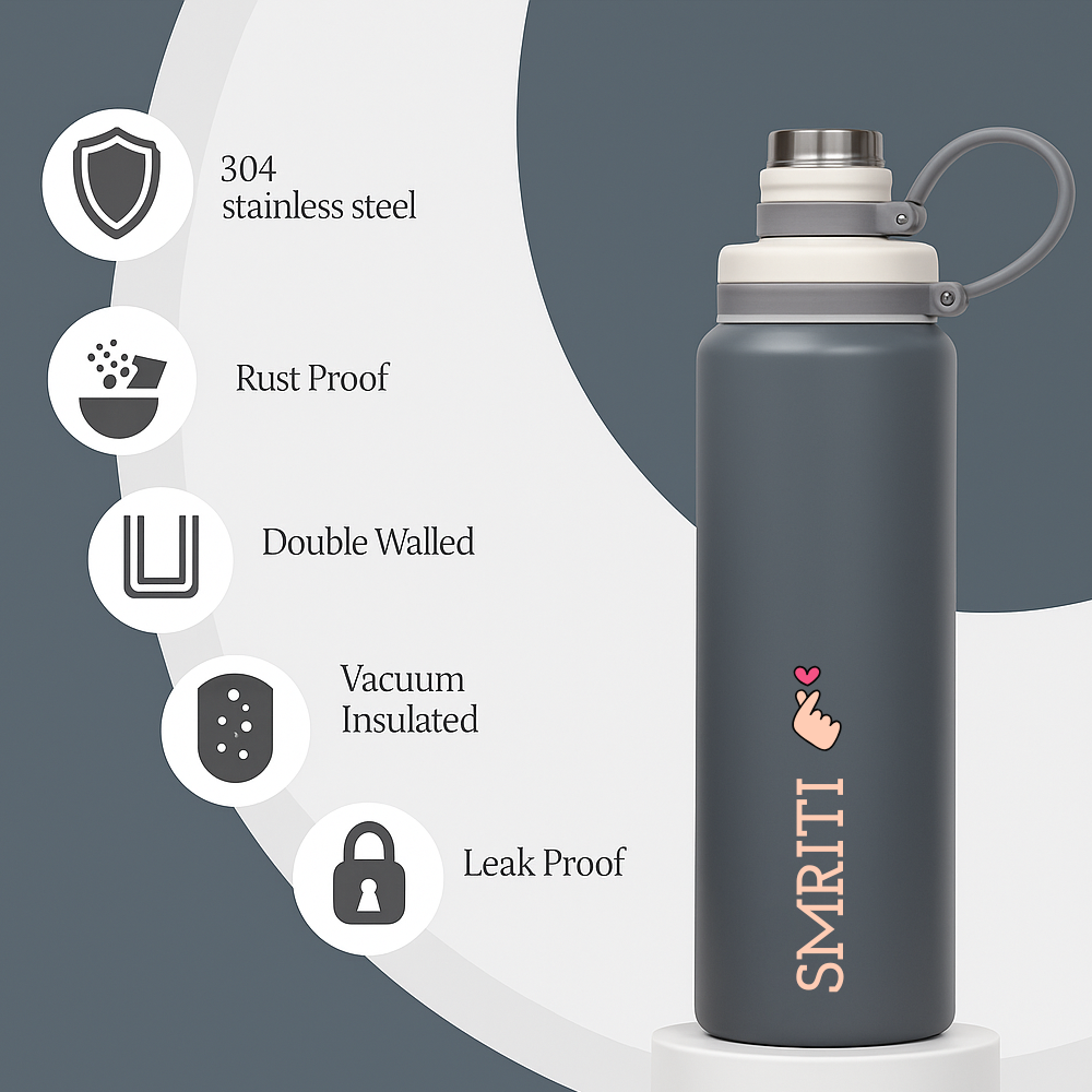 Personalized Stainless Steel Hot and Cold Water Bottle – 800ml Leakproof Thermos Drink Bottle for Gym, Office & Outdoor Use