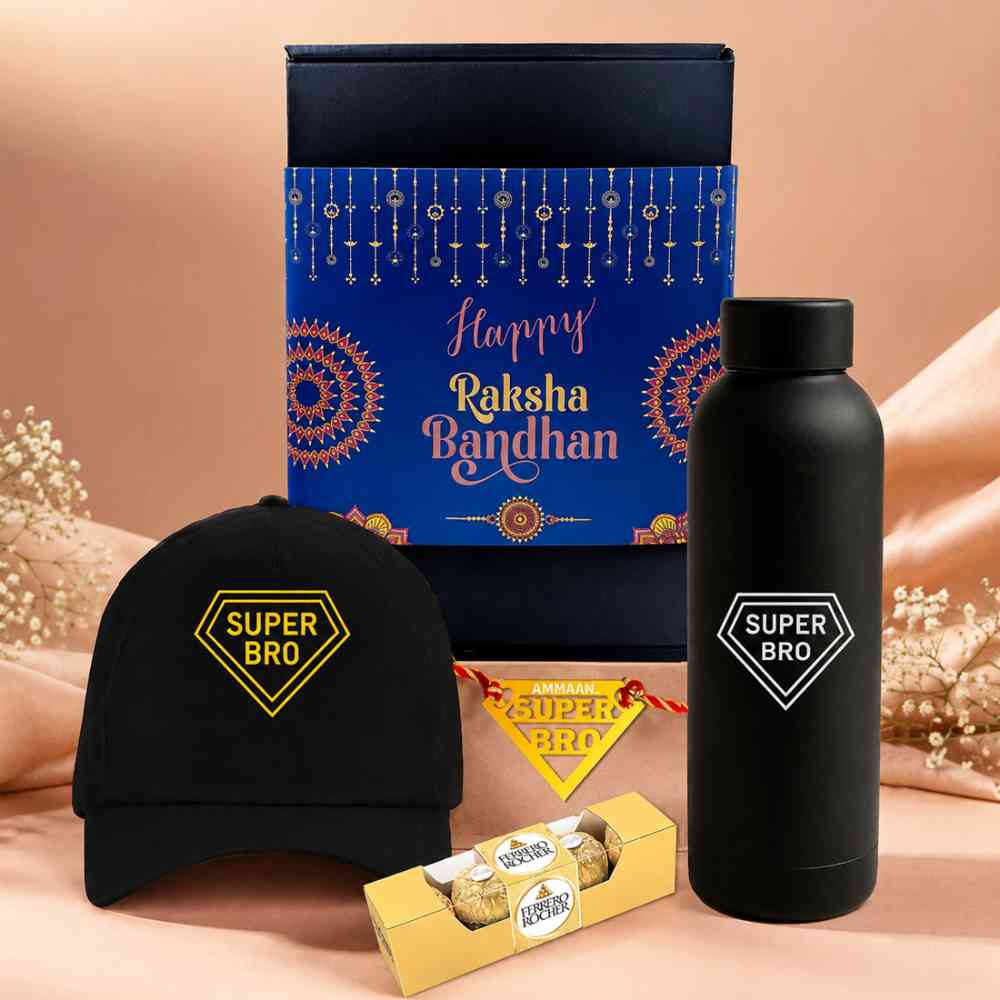 Raksha Bandhan Gift for Brother – Super Bro Black Cap with  Golden Acrylic Rakhi