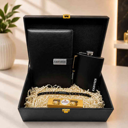 Personalised Rakhi Gifts for Brother Raksha Bandhan Premium Gift Box with Metal Rakhi Hip Flask & Diary Pen
