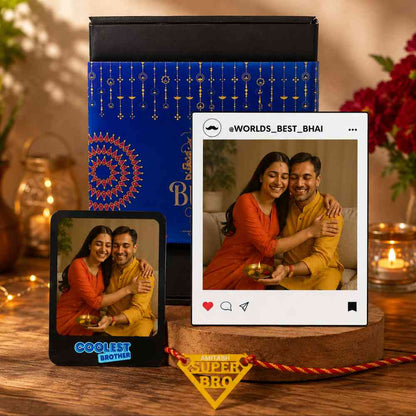 Personalized Raksha Bandhan Gift Set for Brother – LED Photo Table Lamp, Fridge Magnet & Super Bro Acrylic Rakhi