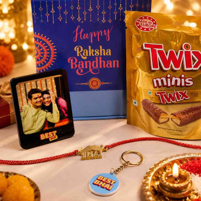 Perfect Gifts of Raksha Bandhan for Brother – Rakhi Gift Set with Photo Magnet, Keychain & Chocolates