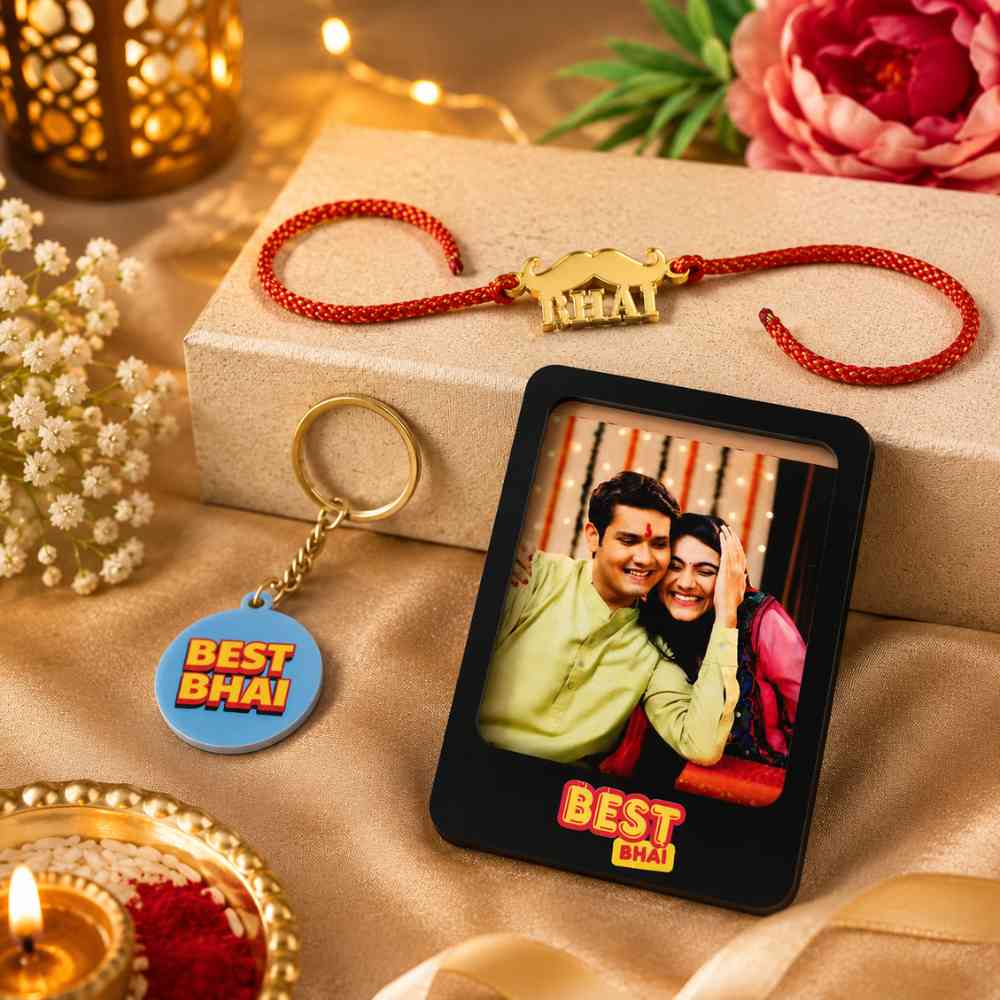 Perfect Gifts of Raksha Bandhan for Brother – Rakhi Gift Set with Photo Magnet, Keychain & Chocolates