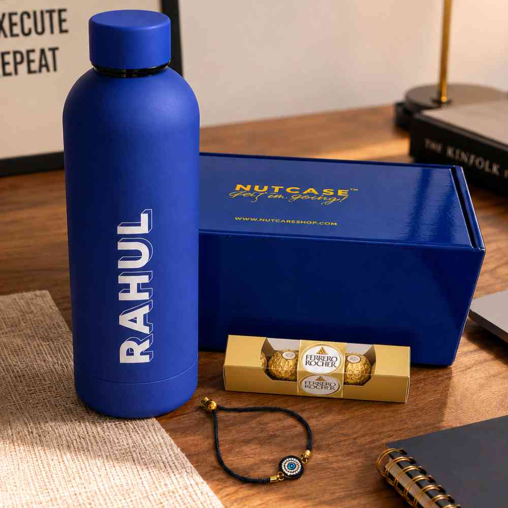 Personalized Rakhi Gift Set for Brother – Insulated Name Bottle & Evil Eye Rakhi