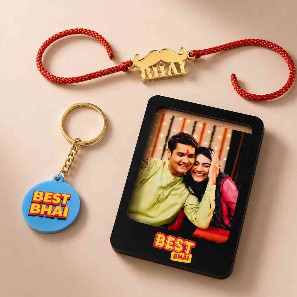 Perfect Gifts of Raksha Bandhan for Brother – Rakhi Gift Set with Photo Magnet, Keychain & Chocolates