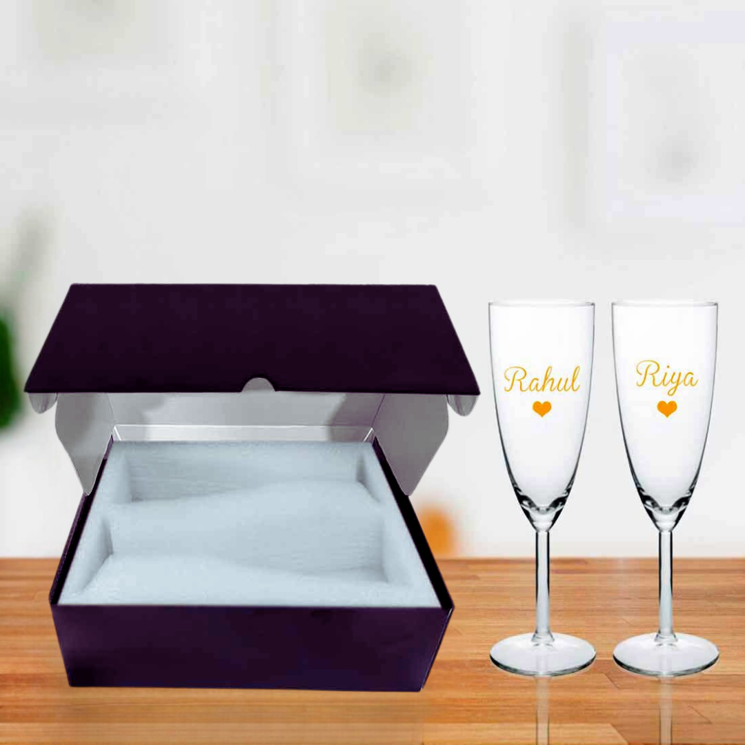 Gift Box with Pair of Champagne Glasses for Couple - Black Boxes Available