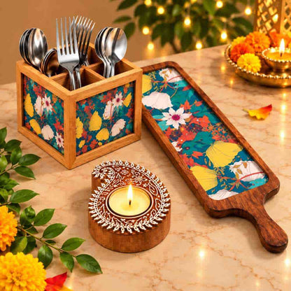 Premium Diwali Gift Set – Wooden Bat Tray, Cutlery Holder & Decorative Diya Candle