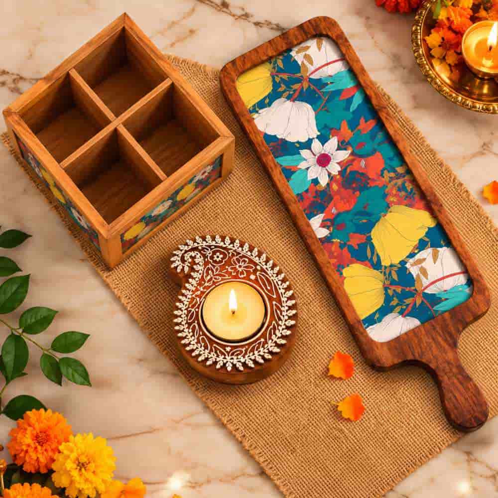 Premium Diwali Gift Set – Wooden Bat Tray, Cutlery Holder & Decorative Diya Candle