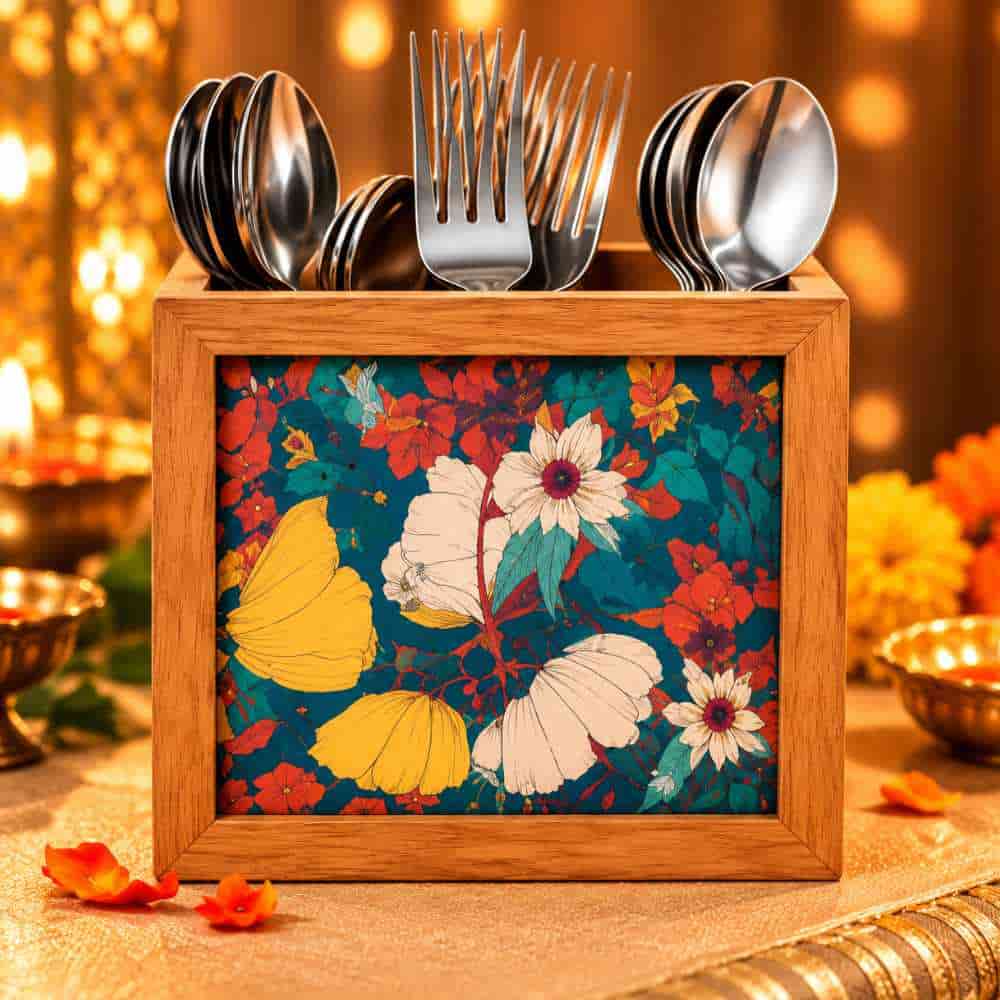 Premium Diwali Gift Set – Wooden Bat Tray, Cutlery Holder & Decorative Diya Candle