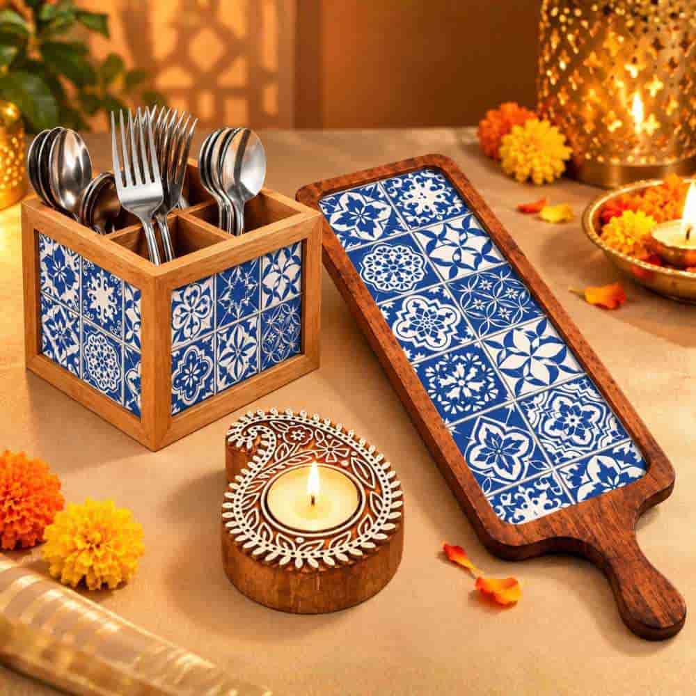 Premium Diwali Gift Set – Wooden Bat Tray, Cutlery Holder & Decorative Diya Candle