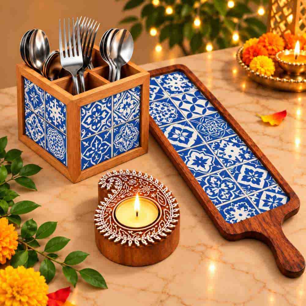 Premium Diwali Gift Set – Wooden Bat Tray, Cutlery Holder & Decorative Diya Candle