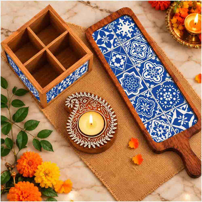 Premium Diwali Gift Set – Wooden Bat Tray, Cutlery Holder & Decorative Diya Candle