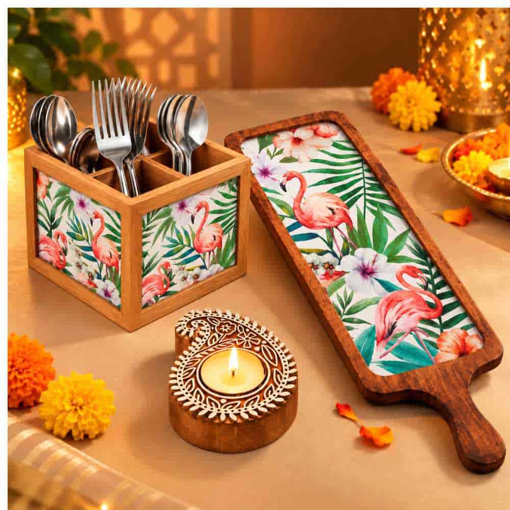 Premium Diwali Gift Set – Wooden Bat Tray, Cutlery Holder & Decorative Diya Candle