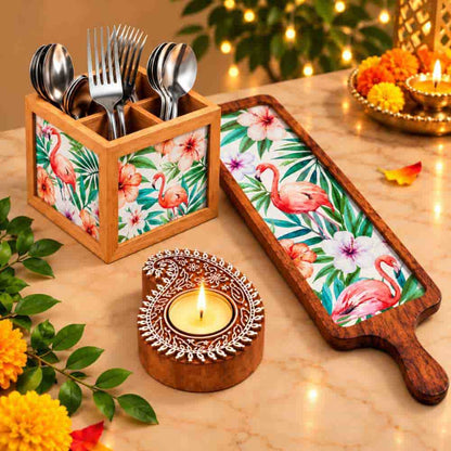 Premium Diwali Gift Set – Wooden Bat Tray, Cutlery Holder & Decorative Diya Candle