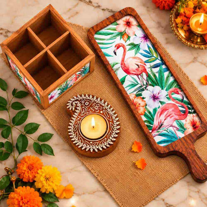Premium Diwali Gift Set – Wooden Bat Tray, Cutlery Holder & Decorative Diya Candle