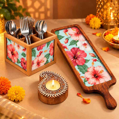 Premium Diwali Gift Set – Wooden Bat Tray, Cutlery Holder & Decorative Diya Candle