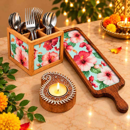 Premium Diwali Gift Set – Wooden Bat Tray, Cutlery Holder & Decorative Diya Candle