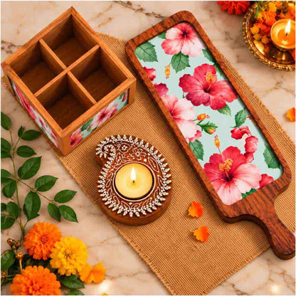 Premium Diwali Gift Set – Wooden Bat Tray, Cutlery Holder & Decorative Diya Candle