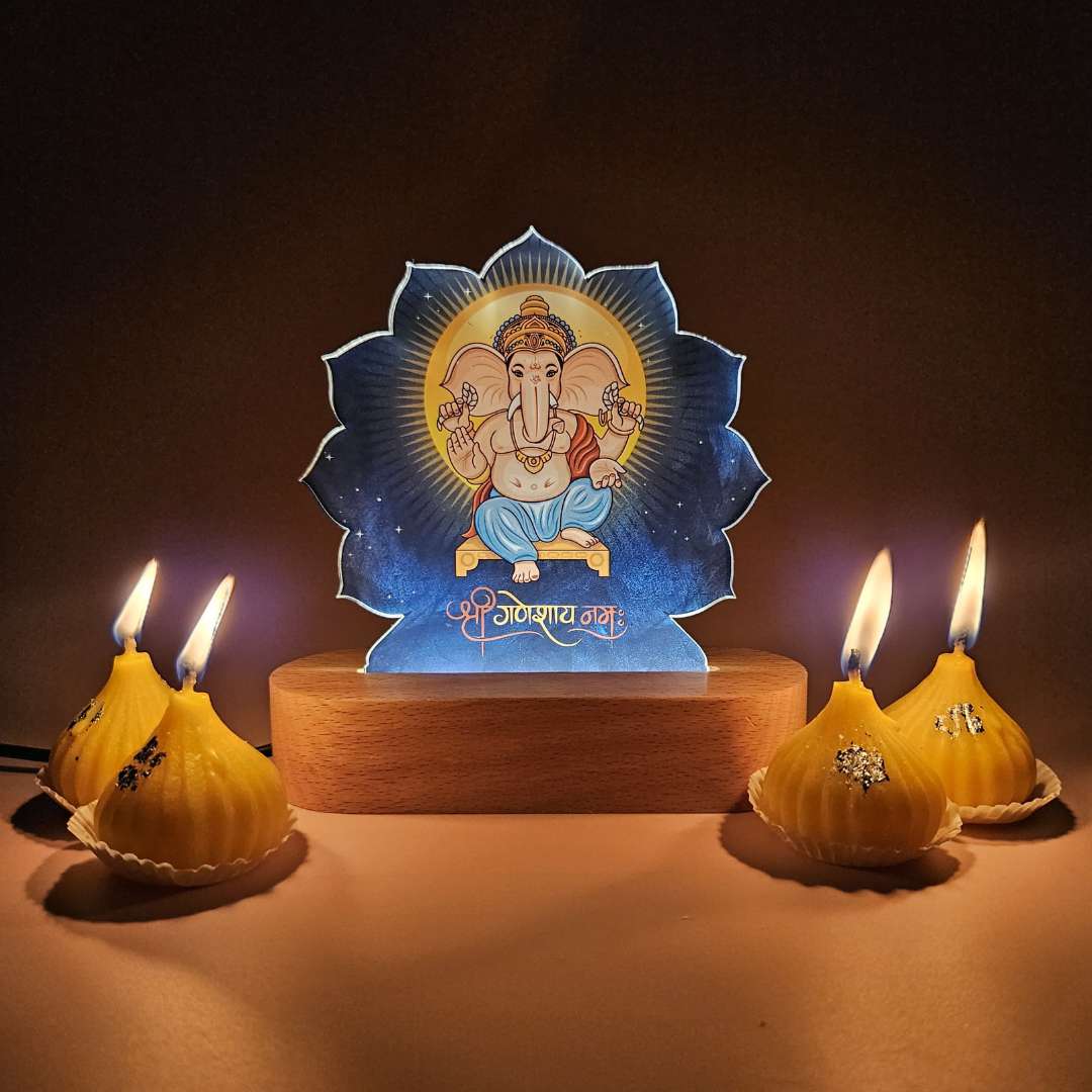 Ganesha Light Led Lamp Idol For Home With Modak Candles & Lamp; Pen - Ganesh Chaturti Gifts