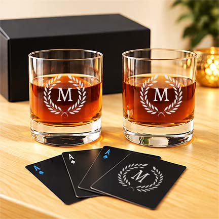 Personalized Diwali Gift Set – Premium Glassware with Custom Playing Cards