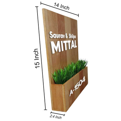 Wooden Name Plate with Planter Artificial Greens Included-3D Raised Fonts